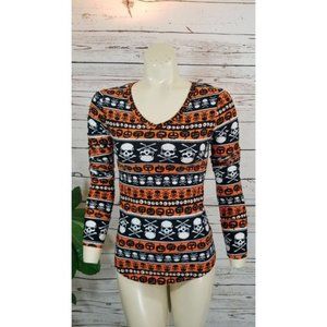 Halloween Skull Jack-o-lantern Long Sleeve Tee T-shirt XS V-neck #1090
